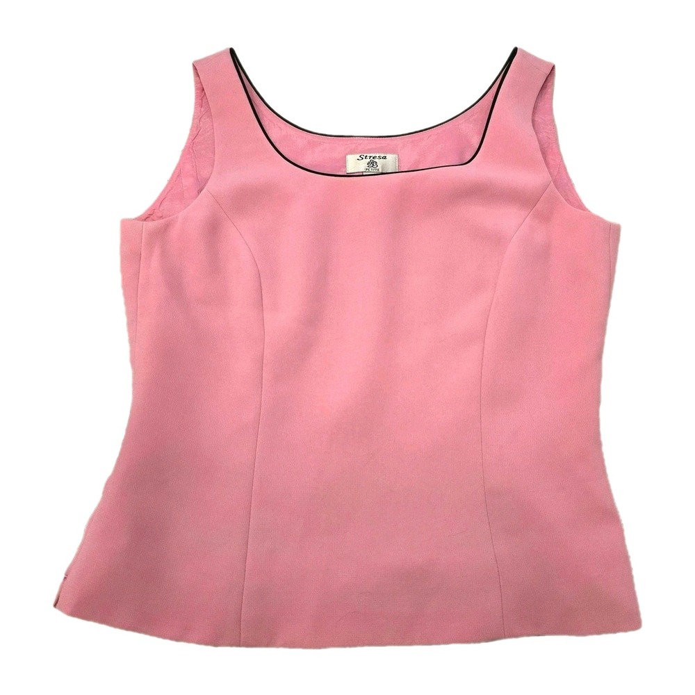 90s VTG Stresa Sleeveless Blouse Womens Petite 2P Pink Scoop Neck Black‎ Piping